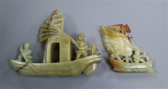 Two Chinese bowenite jade boat carvings Tallest 18cm